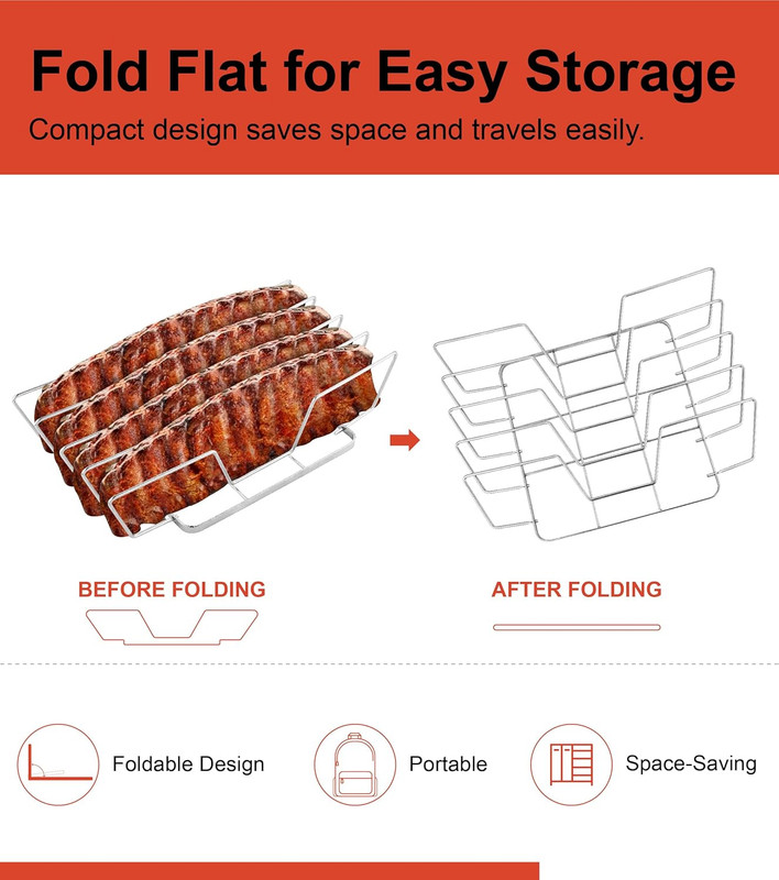 Rib Rack for Smoking – Foldable Extra Long Stainless Steel Rib Holder for 4 Ribs gallery