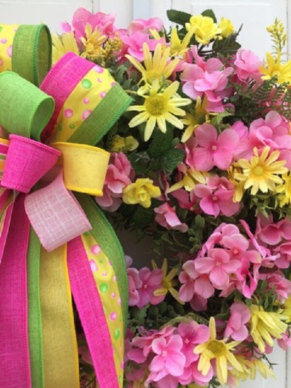 WREATHS SPRING SUMMER FALL DOOR WALL YELLOW AND PINK FLORALS WREATH HANDMADE gallery