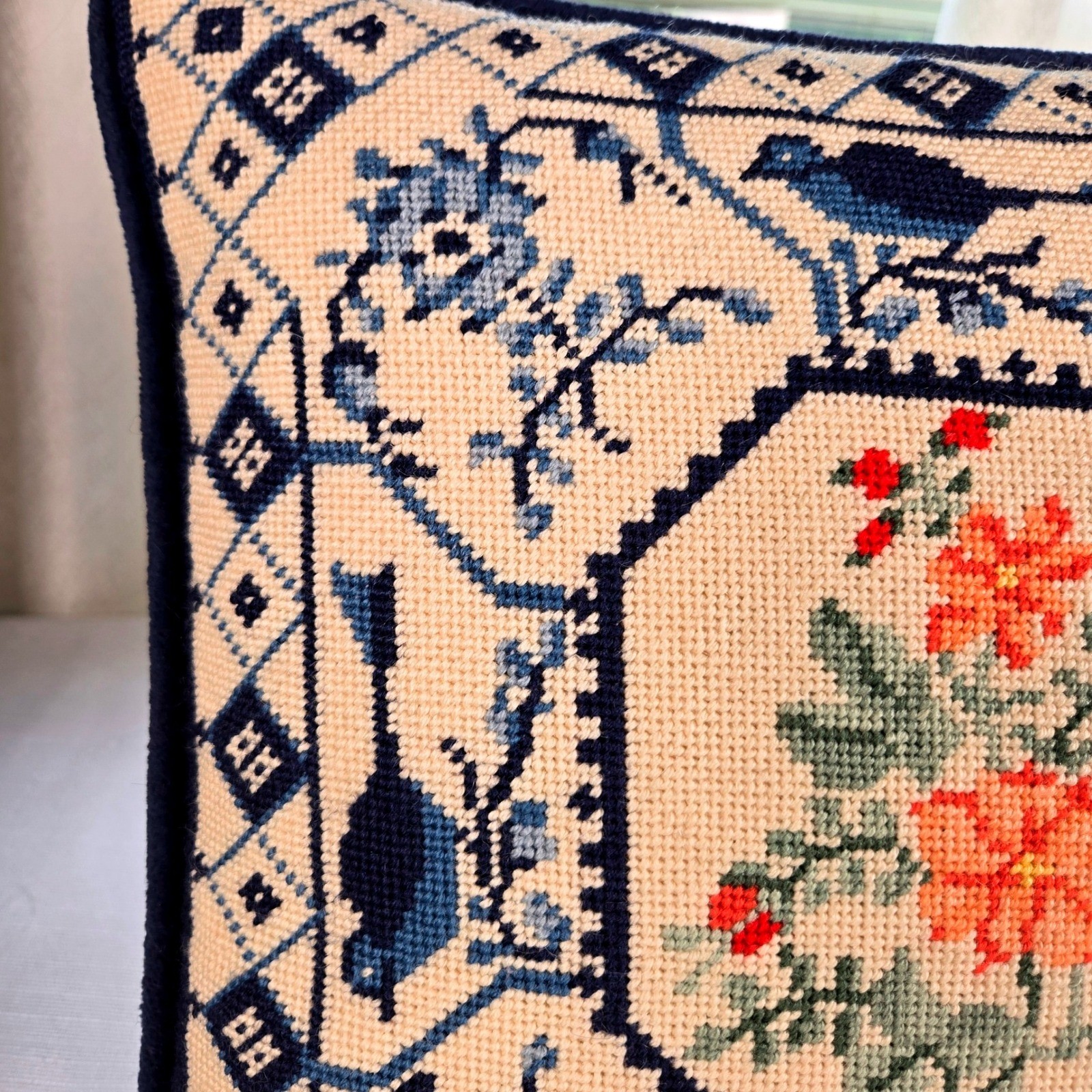 Vintage Style Needlepoint Floral Bird Accent Pillow Navy Blue Cream 14x14 gallery