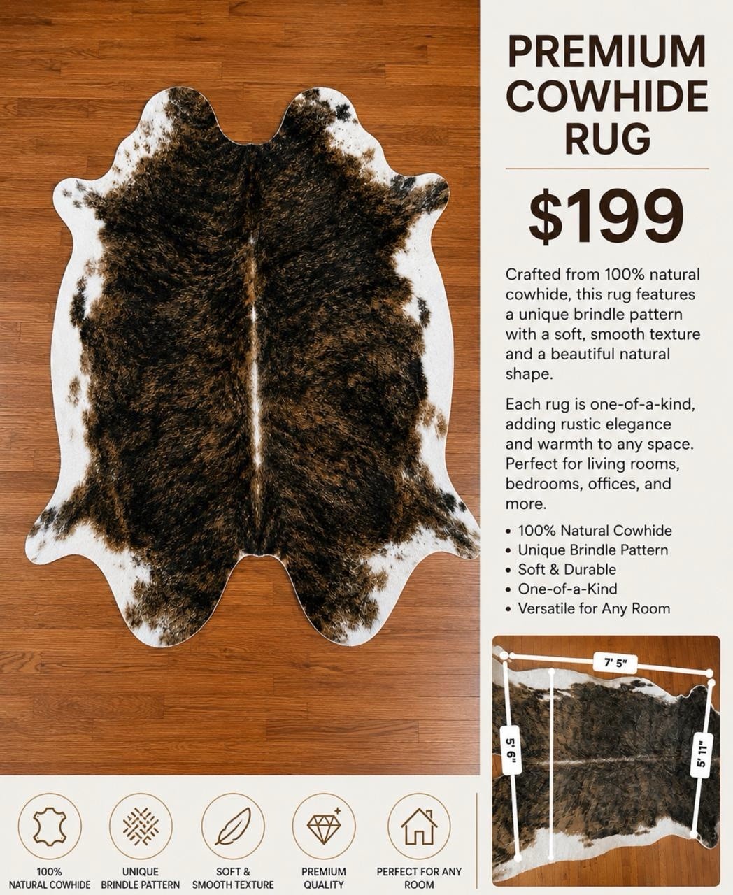 Premium Cowhide Rug Brindle Brown/White Soft Durable 7'5" x 5'6" gallery