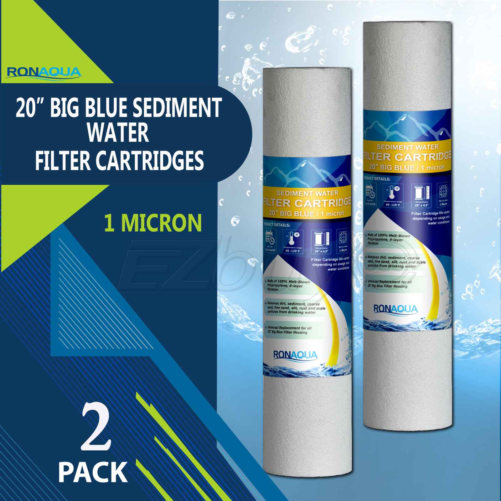 Big Blue Sediment Replacement Water Filters 1 Micron 4.5" x 20" Set of 2 gallery