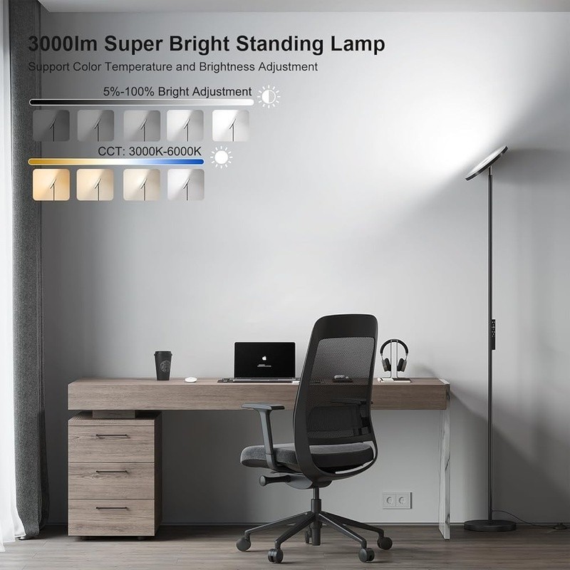 Super Bright Dimmable LED Floor Lamp W/ Remote 350° Rotation Energy Saving New gallery