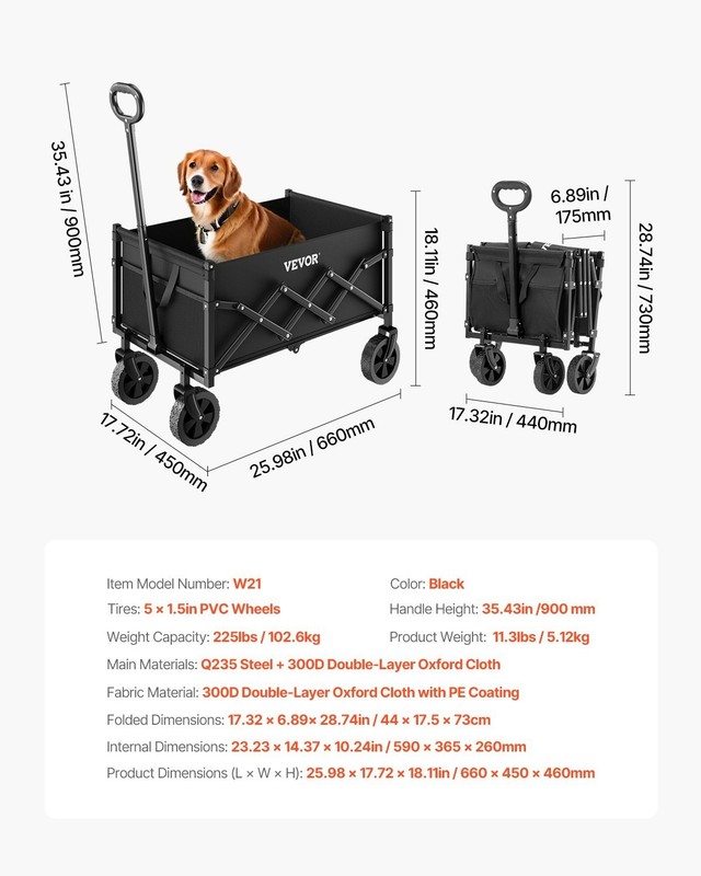 VEVOR Collapsible Folding Wagon With Wheels, Wagon Cart Foldable 225lbs Capacity gallery