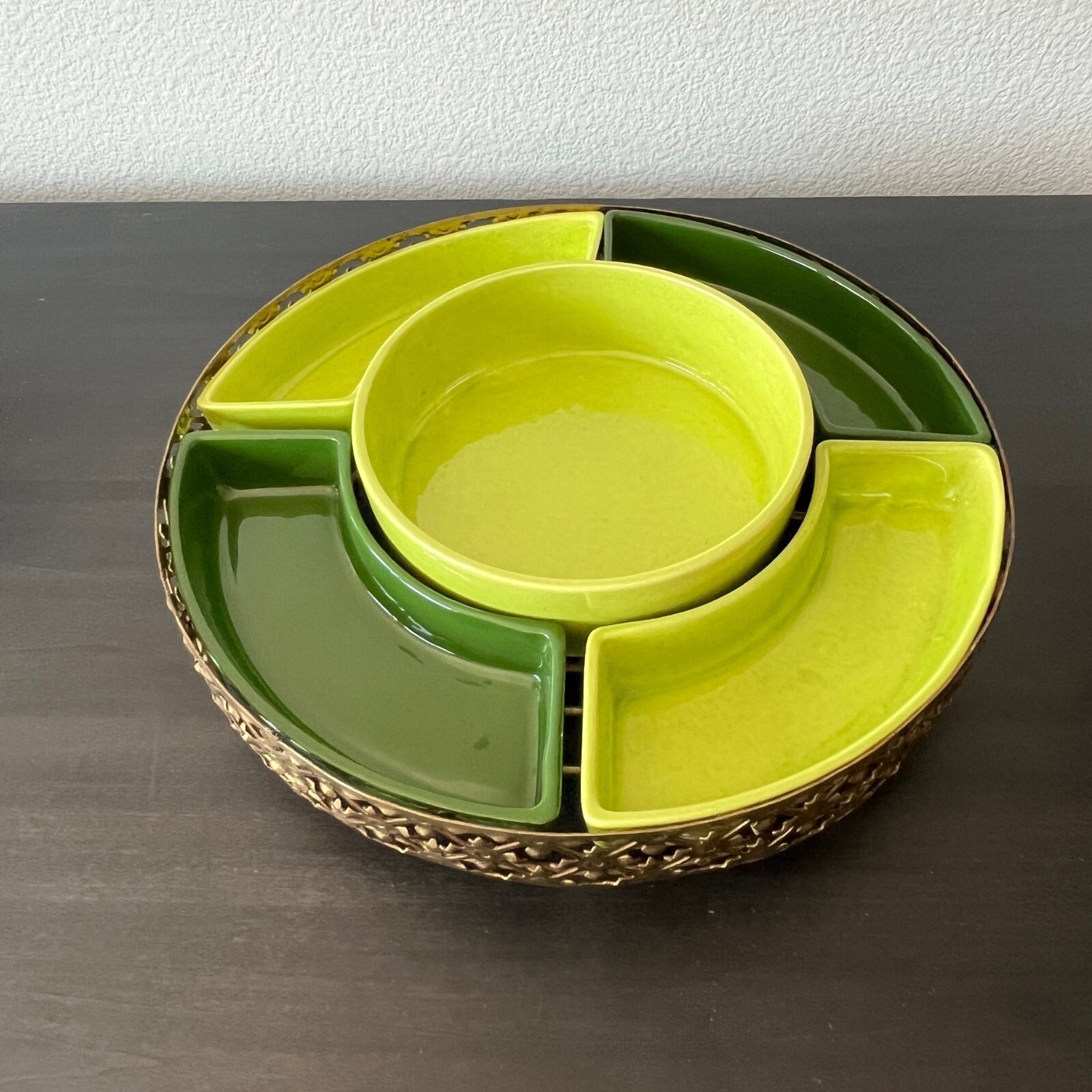 Midcentury Chip & Dip Set ~ Green Ceramic Decorative Brass Holder ~ Made in CA gallery