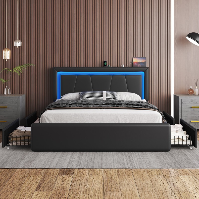 Full Queen Bed Frame with 4 Storage Drawers and Charging&LED Headboard gallery