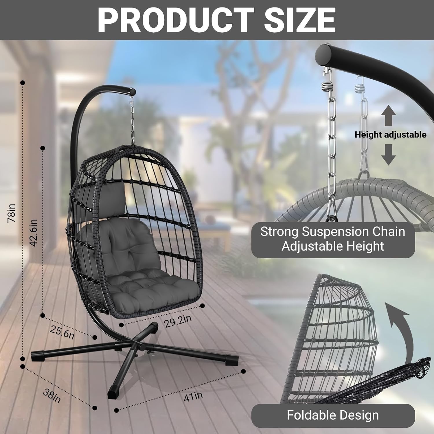 Egg Chair with Stand Patio Rattan Wicker Hanging Swing Egg Hammock Chair 350LBS gallery