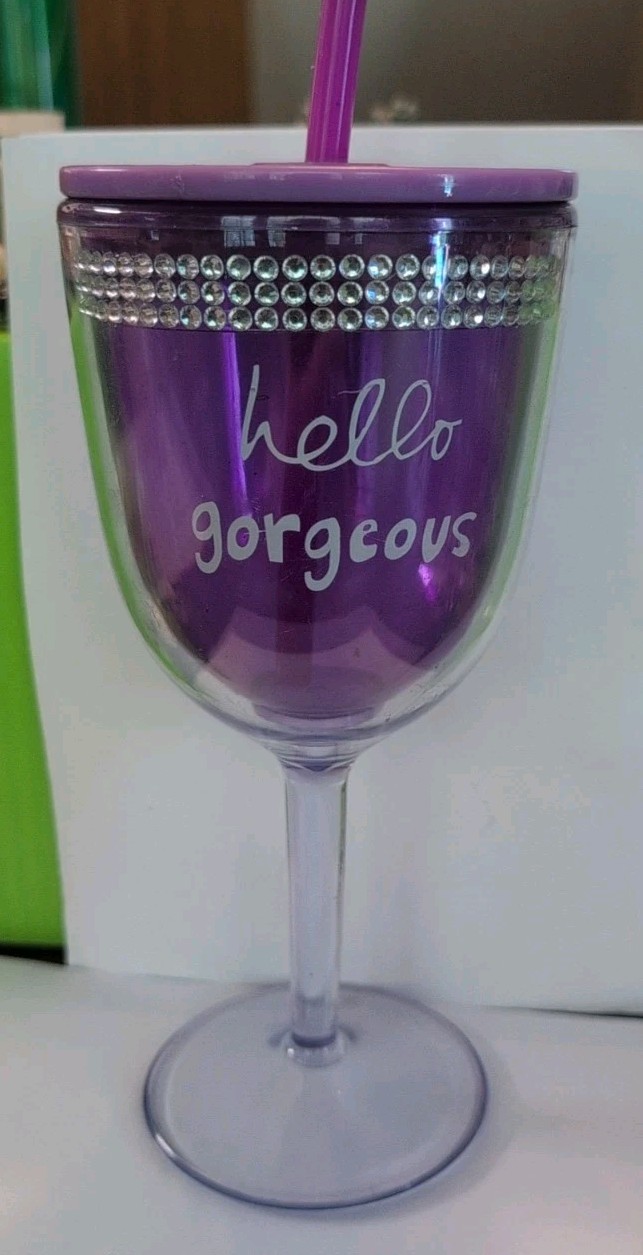 Purple With Rhinestones Large Wine Glass Plastic With Lid 8" gallery