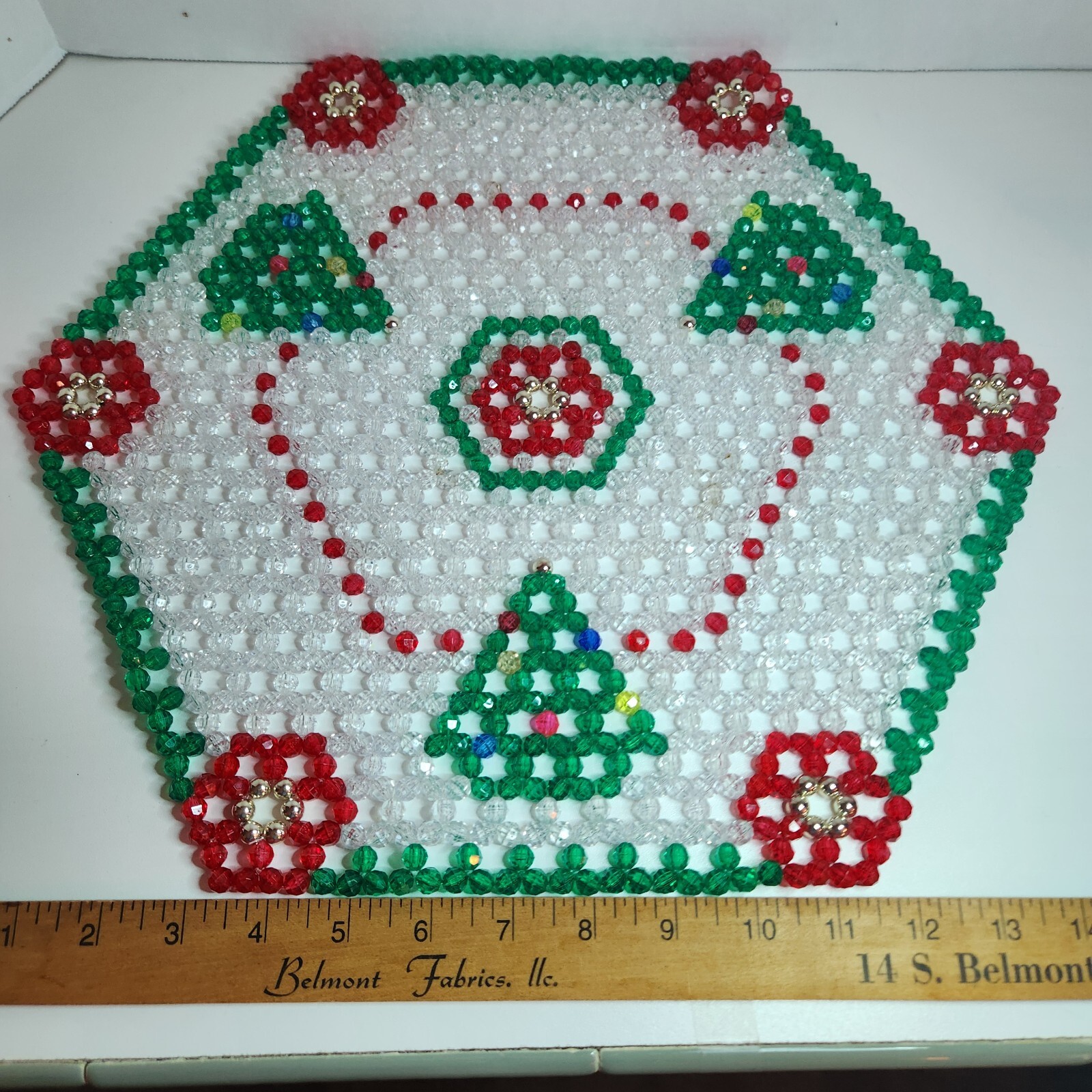Handmade Christmas bead with Christmas trees centerpiece, octagonal 16 x 14 in gallery