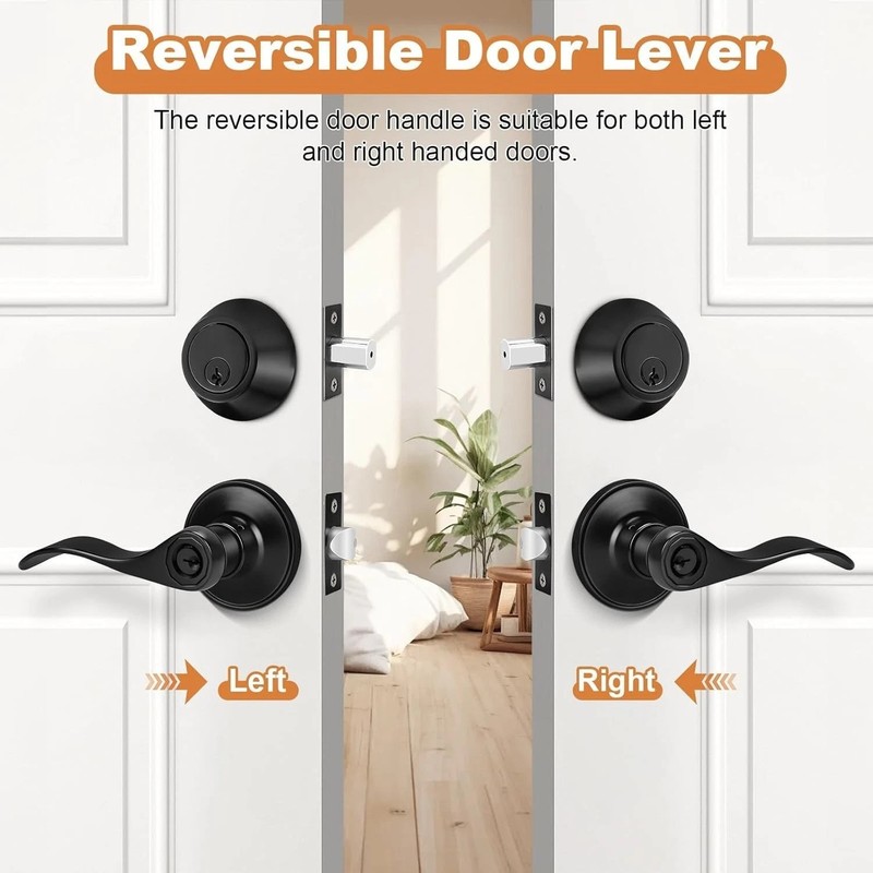 Universal Reversible Entry Lever Lockset with Single Cylinder Deadbolt, 1 Pack gallery