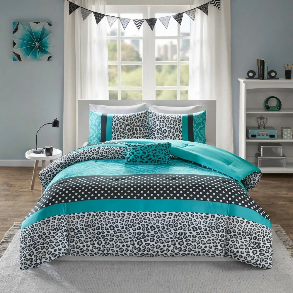 Comforter Set Twin Animal Print Bedding Black Blue White Polka Dot Pillow Shams