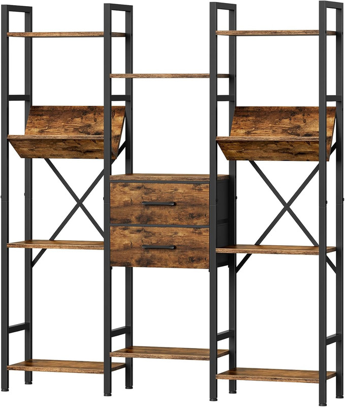 Rustic Brown & Black 3-Column Bookcase with Drawers and V-Shaped Shelves gallery