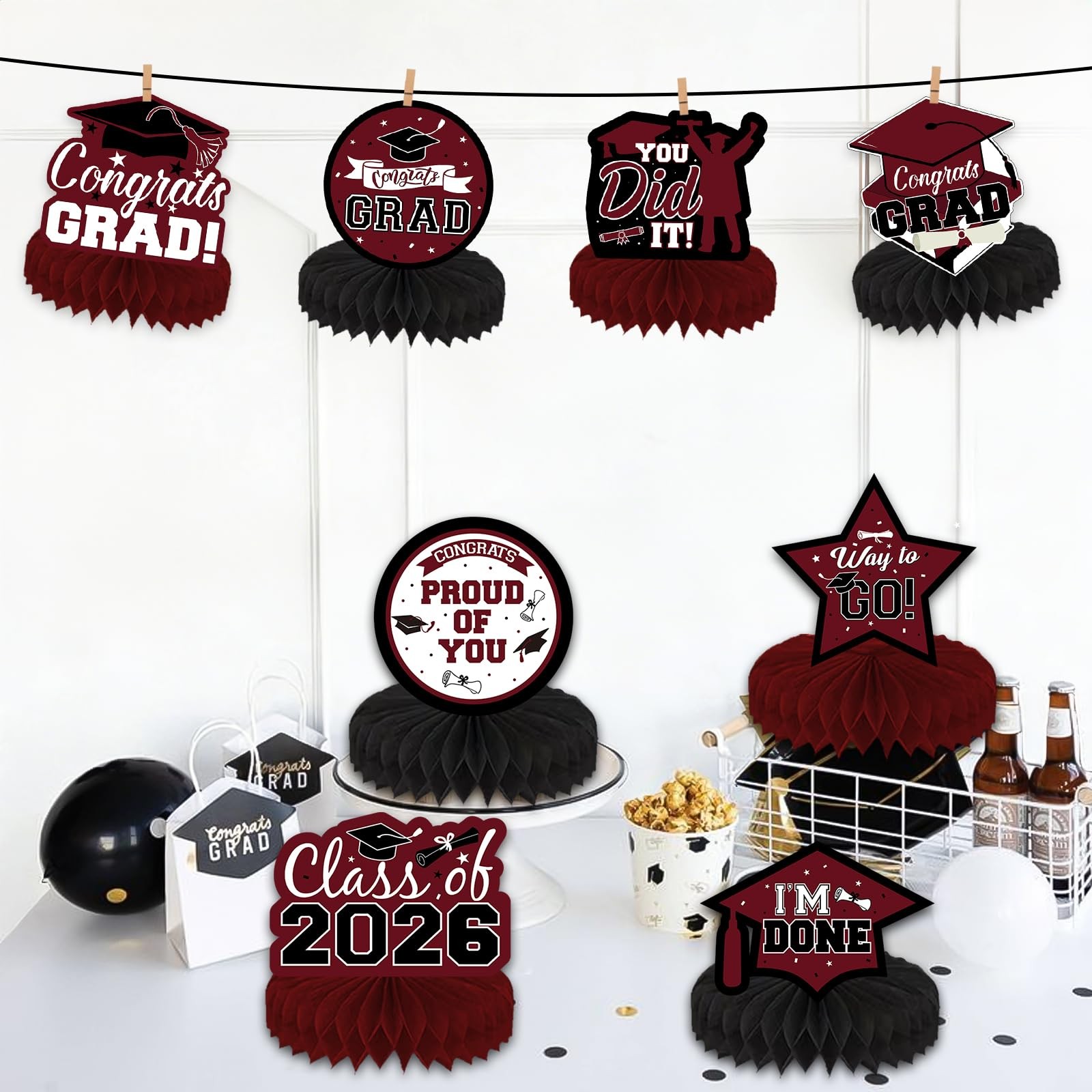 2026 Graduation Table Honeycomb Centerpieces, 9Pcs Maroon Black Congrats Grad... gallery