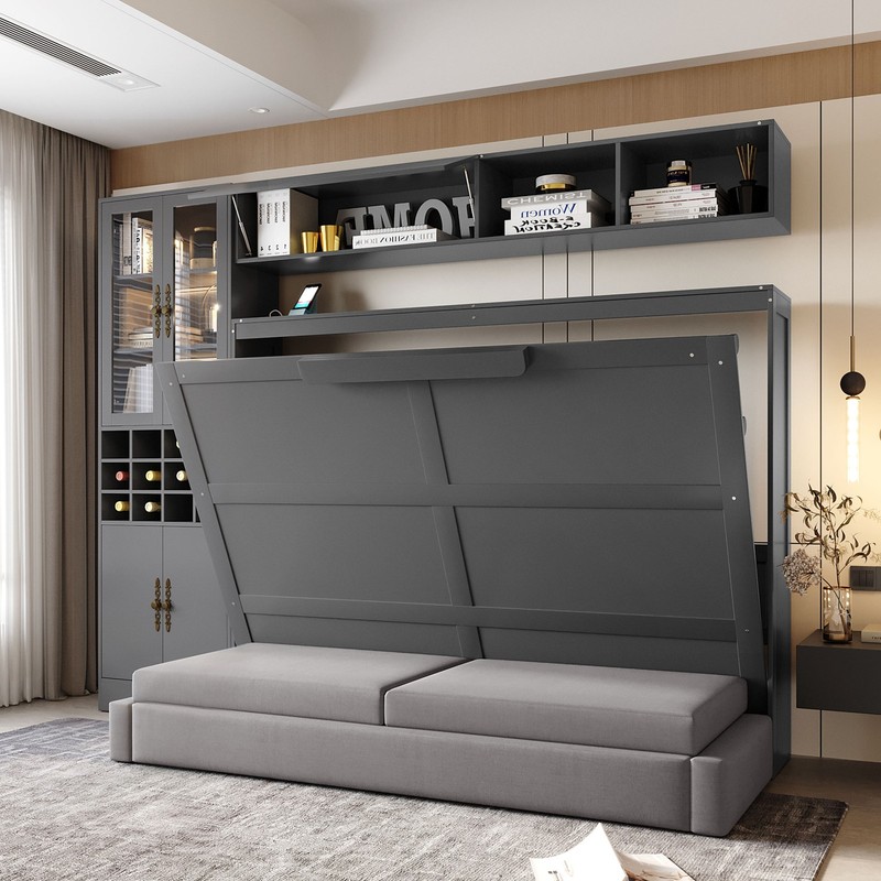 Full Size Murphy Bed with Sofa, Shelves, USB & Light, Gray gallery