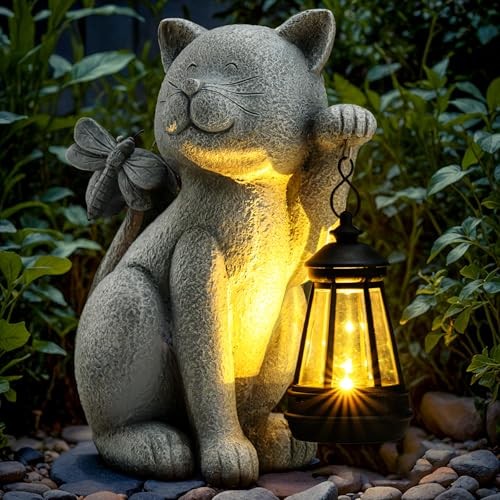 Solar Garden Outdoor Statues Cat with Solar Lantern,Outdoor Cat Grey Cat gallery