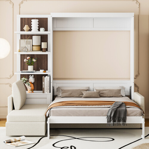 Full Queen Size Murphy Wall Bed with Sofa & Shelves Space Saving Wood Hidden Bed gallery