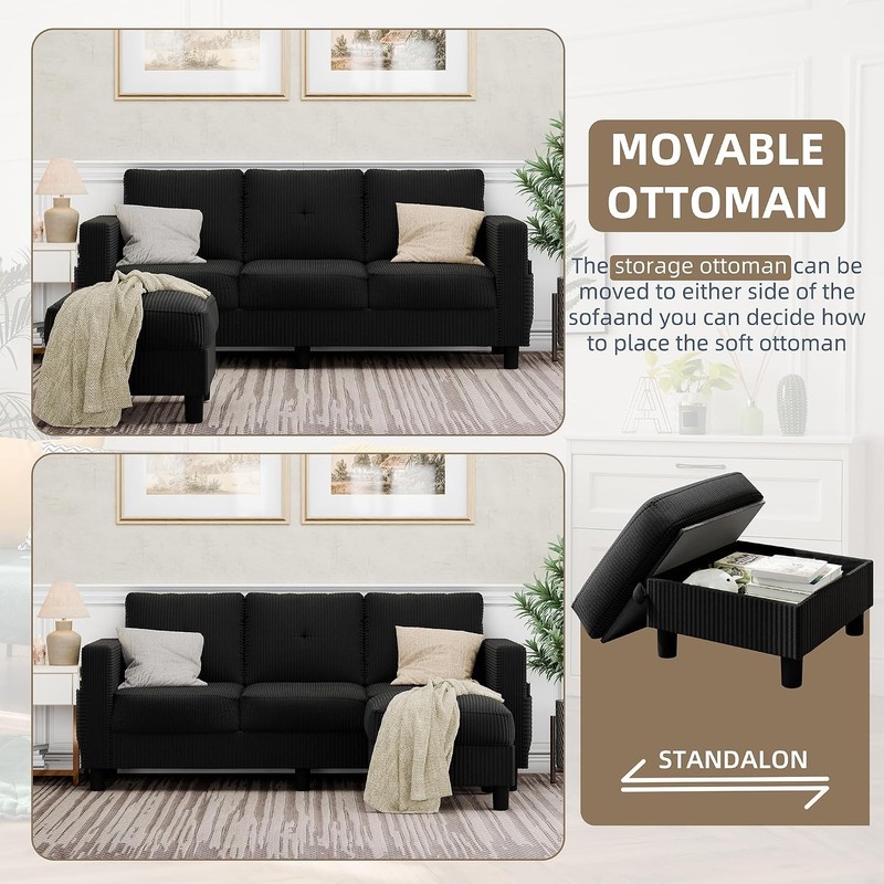 Convertible Sectional Sofa with Storage Ottoman, 77” L-Shaped 3-Seat Couch gallery