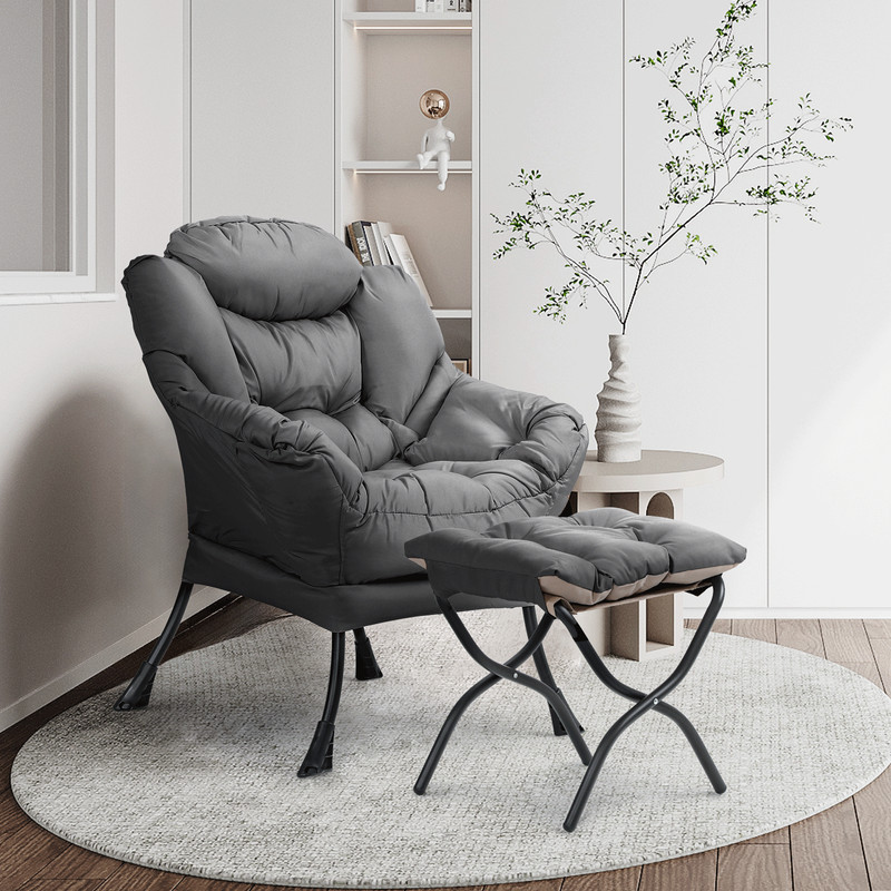 Gray Soft Accent Chair Upholstered Modern Living Room Lazy Sofa Chair w/Ottoman gallery