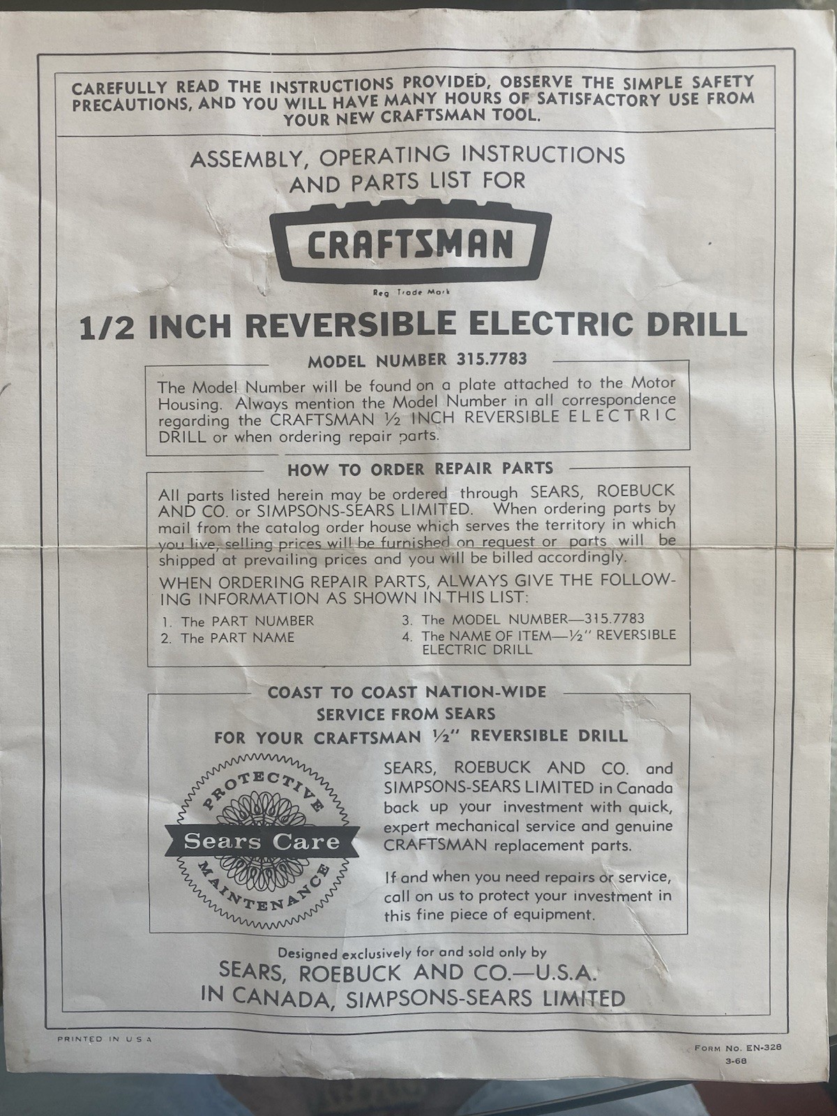Assembly, Operating Instructions, Parts List 1/2" Craftsman Drill 315.7783 gallery
