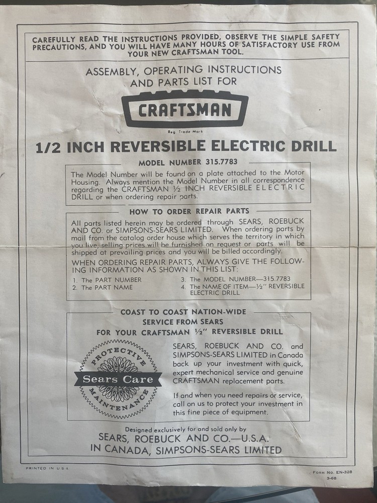 Assembly, Operating Instructions, Parts List 1/2" Craftsman Drill 315.7783