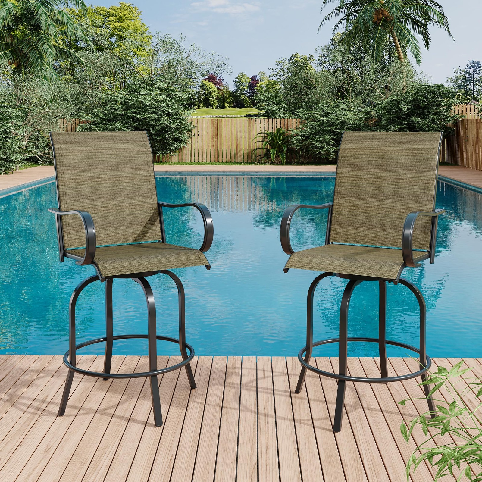 2PCS Outdoor Swivel Bar Stools Bar Height Patio Chairs with High Back & Armrest gallery