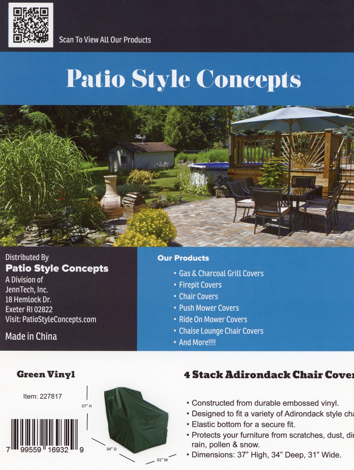 Vinyl 4-Stack Adirondack Chair Cover - Green Outdoor Patio Protection gallery