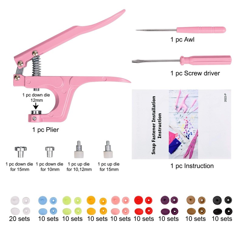 LBTEE Plastic Snap Fastener Kit with Plier Screwdriver Awl and Storage Pink gallery