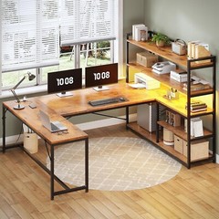 63” Reversible Computer Desk with Power Outlet, Storage Shelves and LED Lights