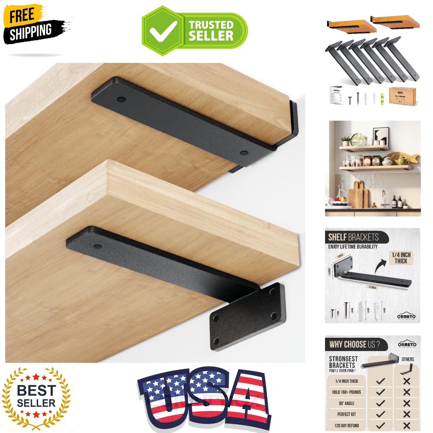 6 Pack Heavy Duty Shelf Brackets 12" Black Metal 6mm Thick, Supports Over 160... gallery