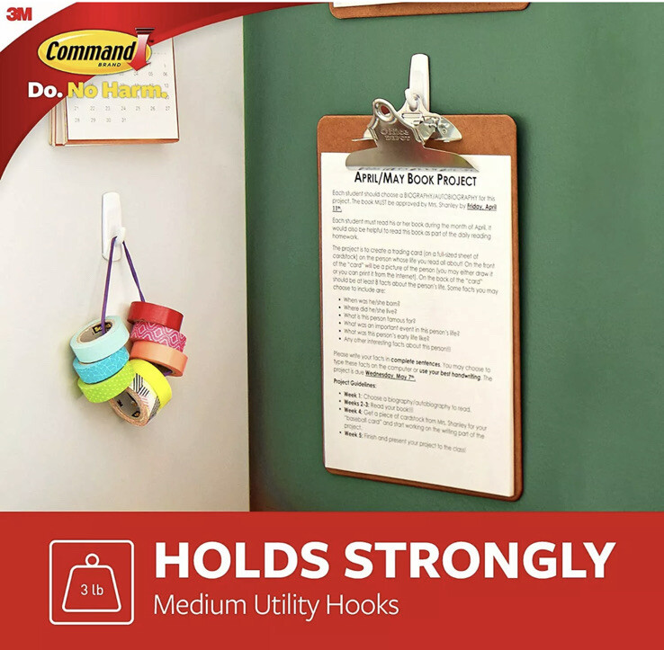 Command General Purpose Hooks Medium 3 lb Cap White 2 Hooks and 4 Strips/Pack gallery