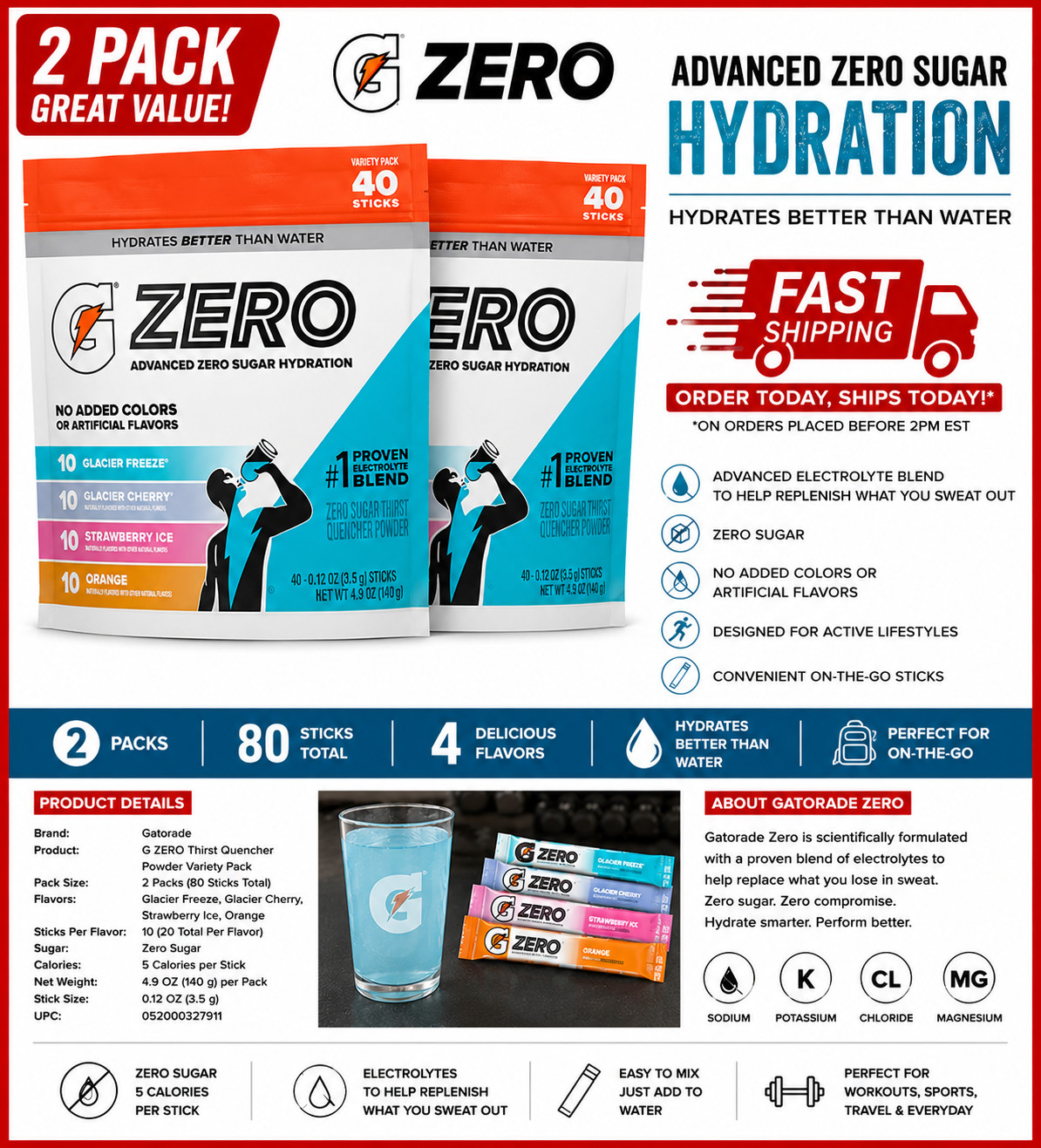 2PACK Gatorade G Zero Powder Variety Pack (40pk) No added colors gallery