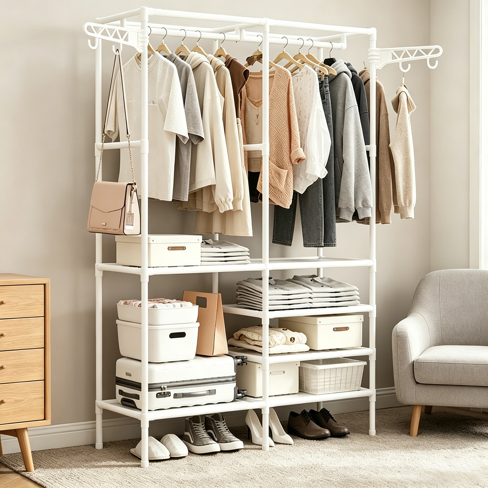 Portable Closet System,Freestanding Clothes Rack,Metal Organizer Shelves (White) gallery