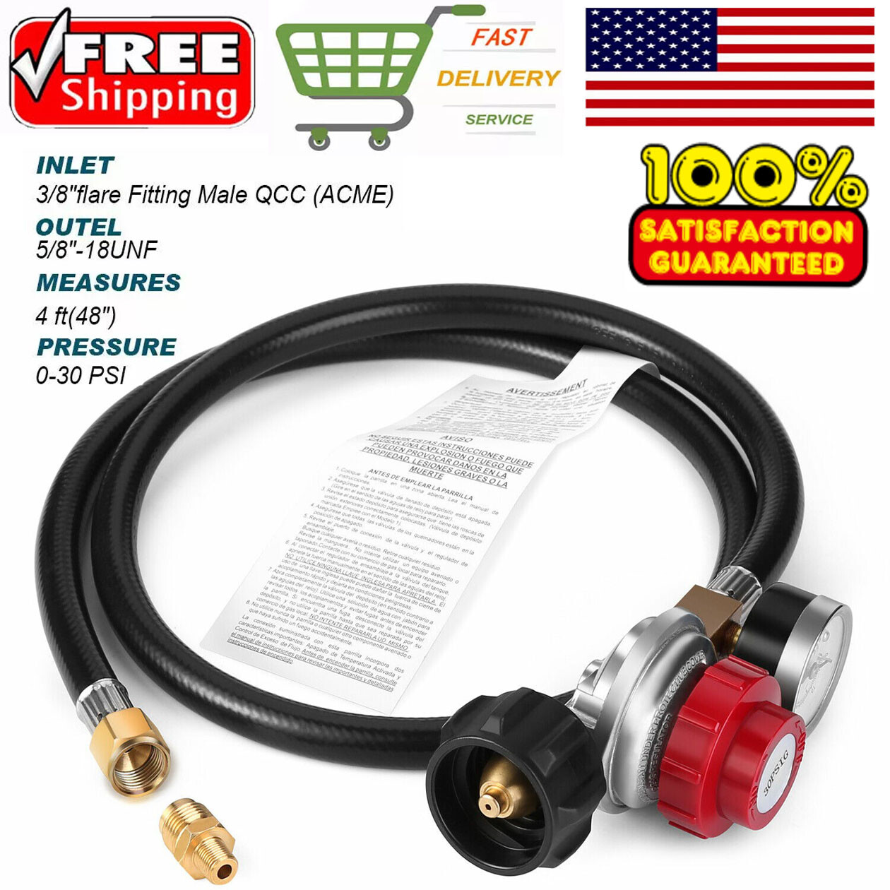 4FT 0-30PSI Adjustable High Pressure Propane Regulator with Hose and PSI Gauge gallery