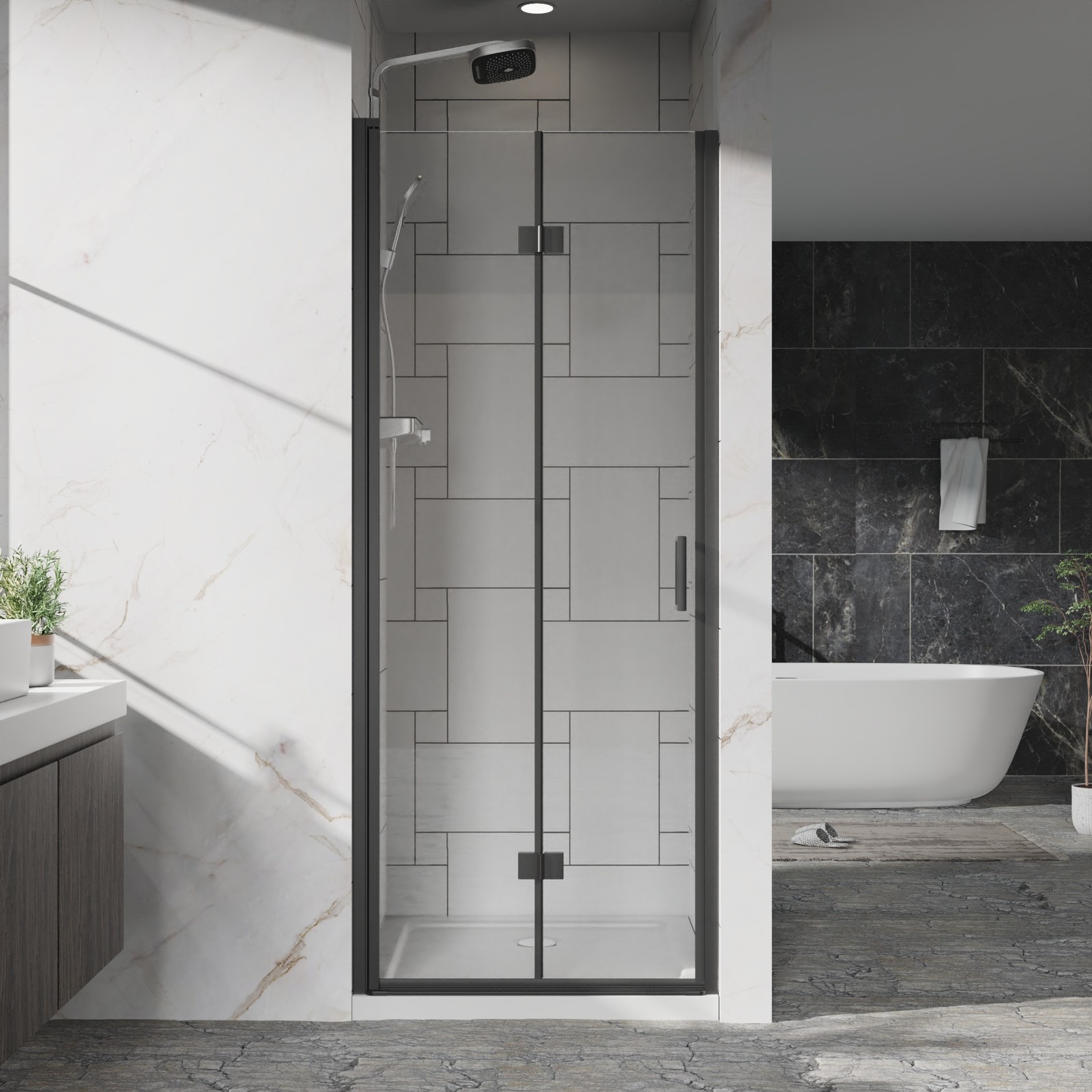 30"x72"Frameless Bi-Fold Pivot Shower Door-6mm Clear Glass, Black ,Reversible gallery
