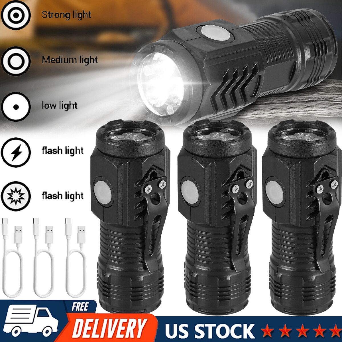 1-3X Tactical Flashlight Mini LED Torch Work Light Super Bright USB Rechargeable gallery