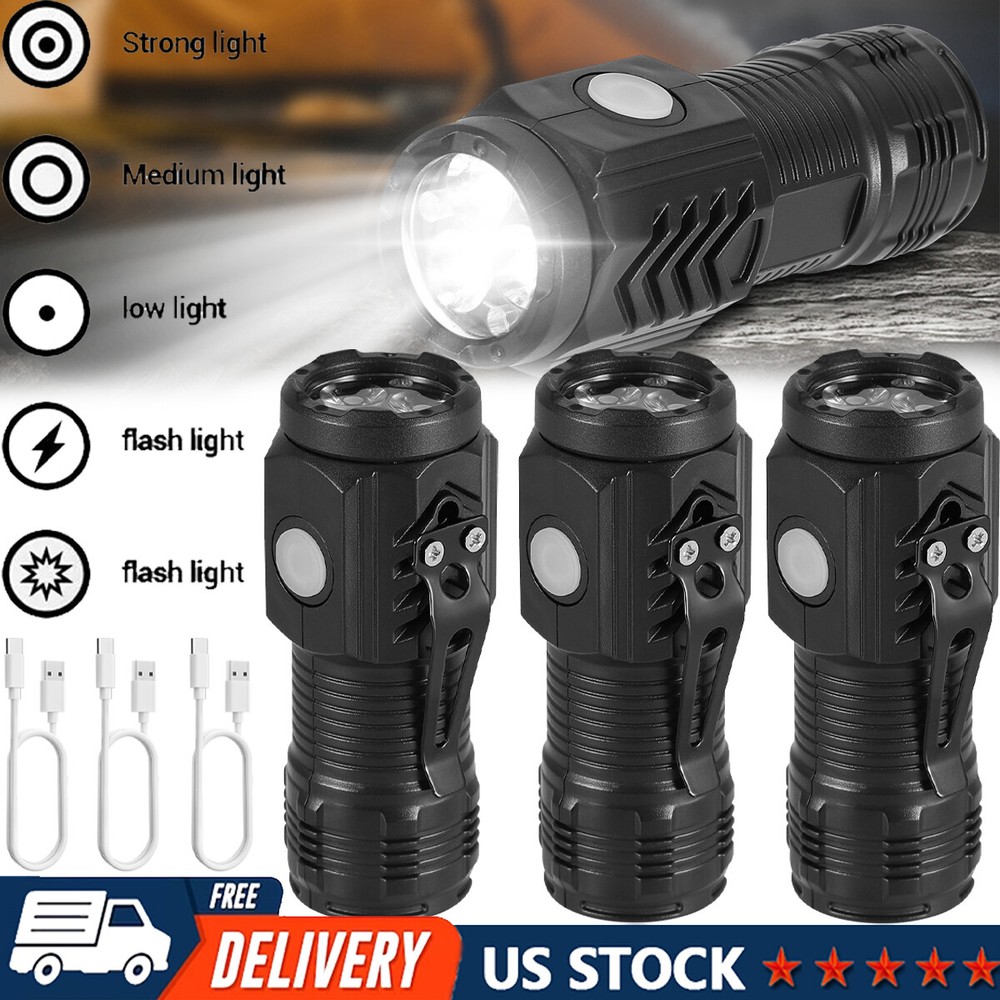 1-3X Tactical Flashlight Mini LED Torch Work Light Super Bright USB Rechargeable