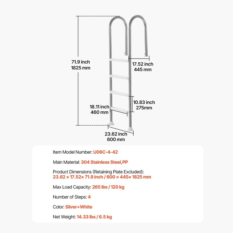 Stainless 4-Step Pool Ladder with Double Handrails, 265lb gallery