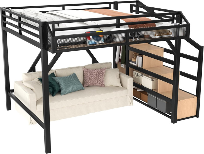 Queen Loft Bed with Storage Stairs, USB Ports, and Shelves - Heavy Duty Metal Fr gallery
