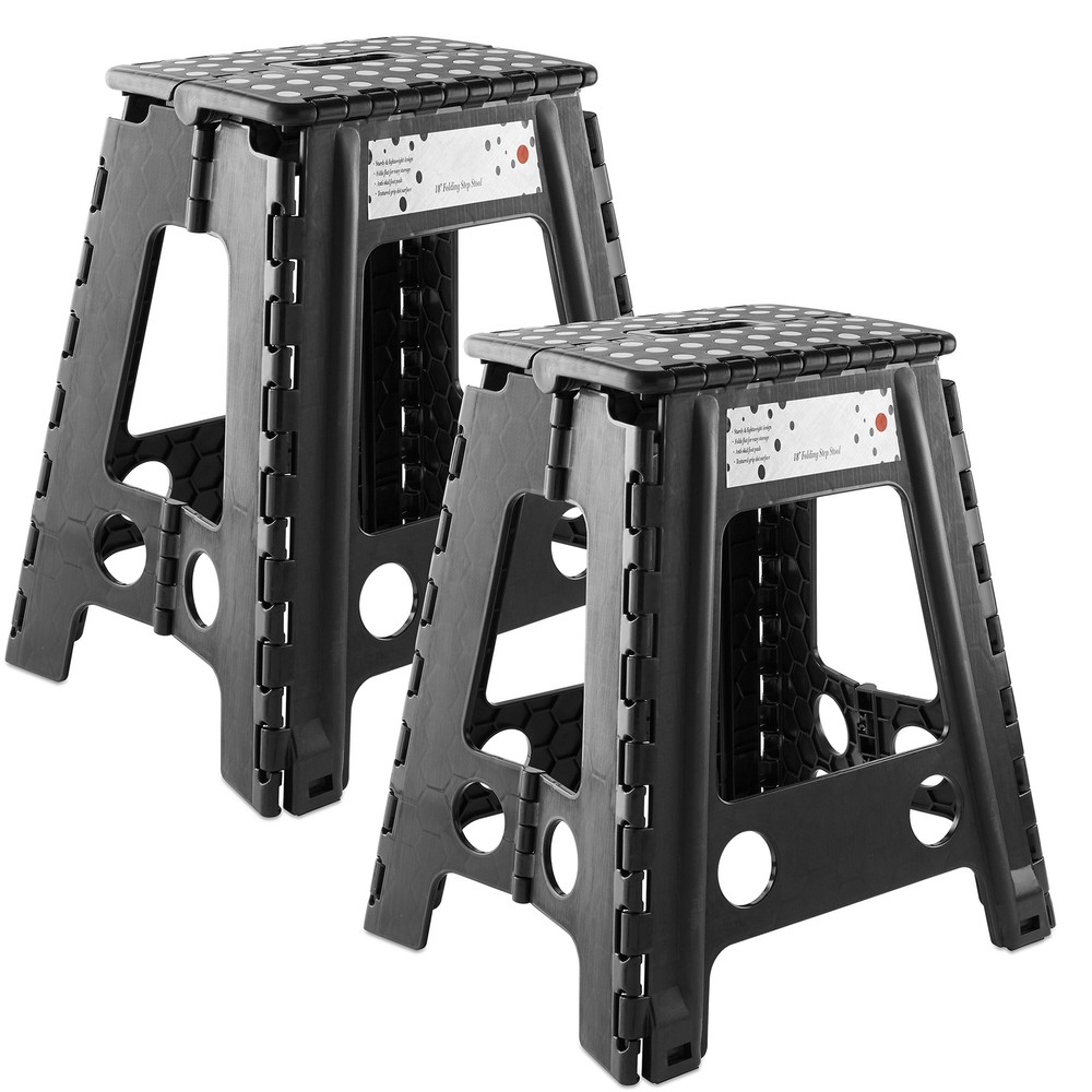 2 Pack - 18" Folding Plastic Step Foot Stools with Handle - Black