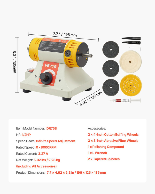 VEVOR Bench Buffer Polisher, 1/2HP Polishing and Buffing Machine, 0 to 8000RPM B gallery