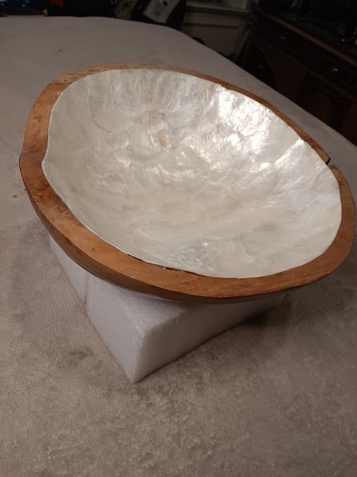 Wooden Rustic Decorative Irregular Shape Bowl with Mother of Pearl Inlay gallery