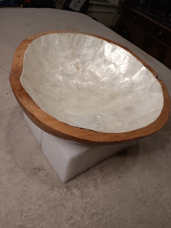 Wooden Rustic Decorative Irregular Shape Bowl with Mother of Pearl Inlay gallery