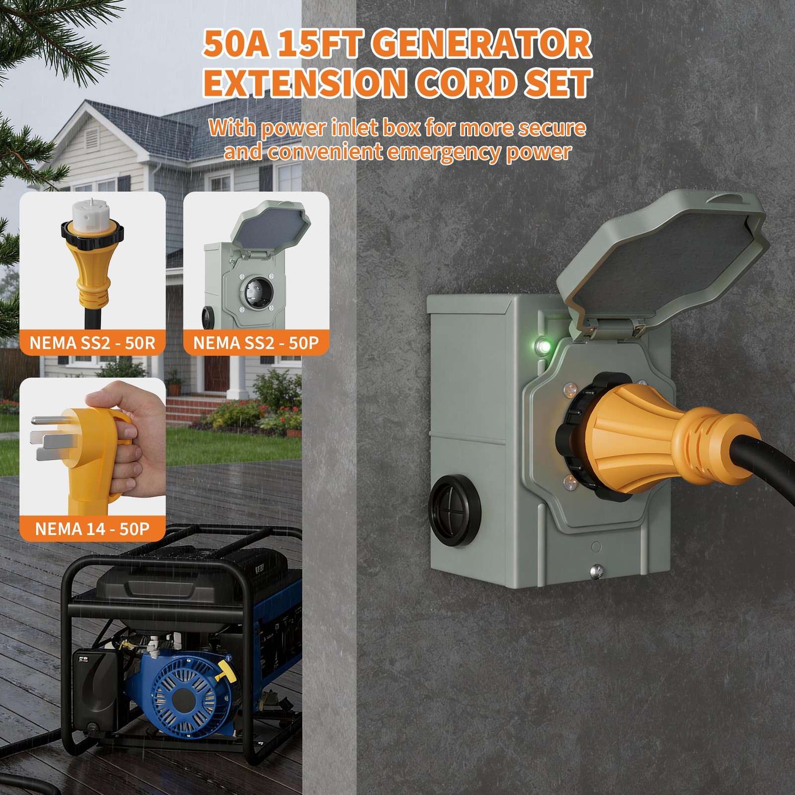 50 Amp 15FT Generator Cord and Power Inlet Box NEMA 14-50P Male to SS2-50R STW gallery