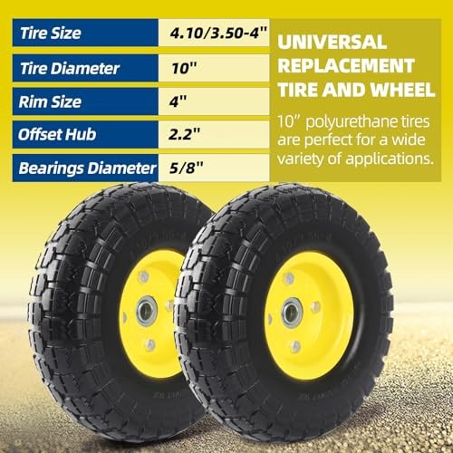 (2-Pack) 10-Inch Solid Tire Wheels - Replacement 4.10/3.50-4" Flat Free Yellow gallery
