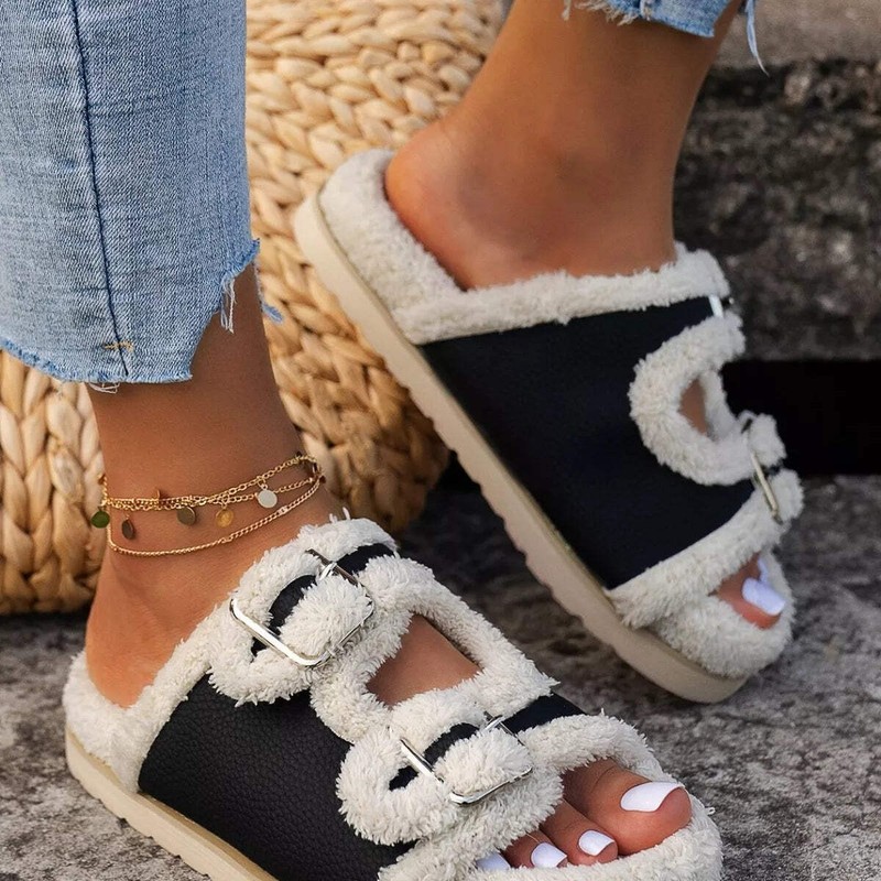 Double Buckle Plush Lined Platform Slippers gallery