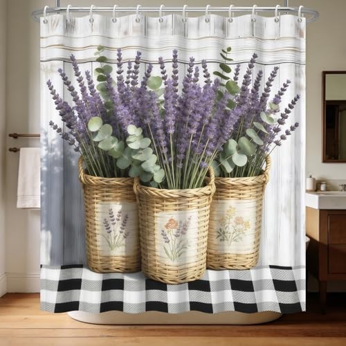Floral Shower Curtain with 12 Hooks 71x74 Inch - Lavender Flower Basket Purple gallery