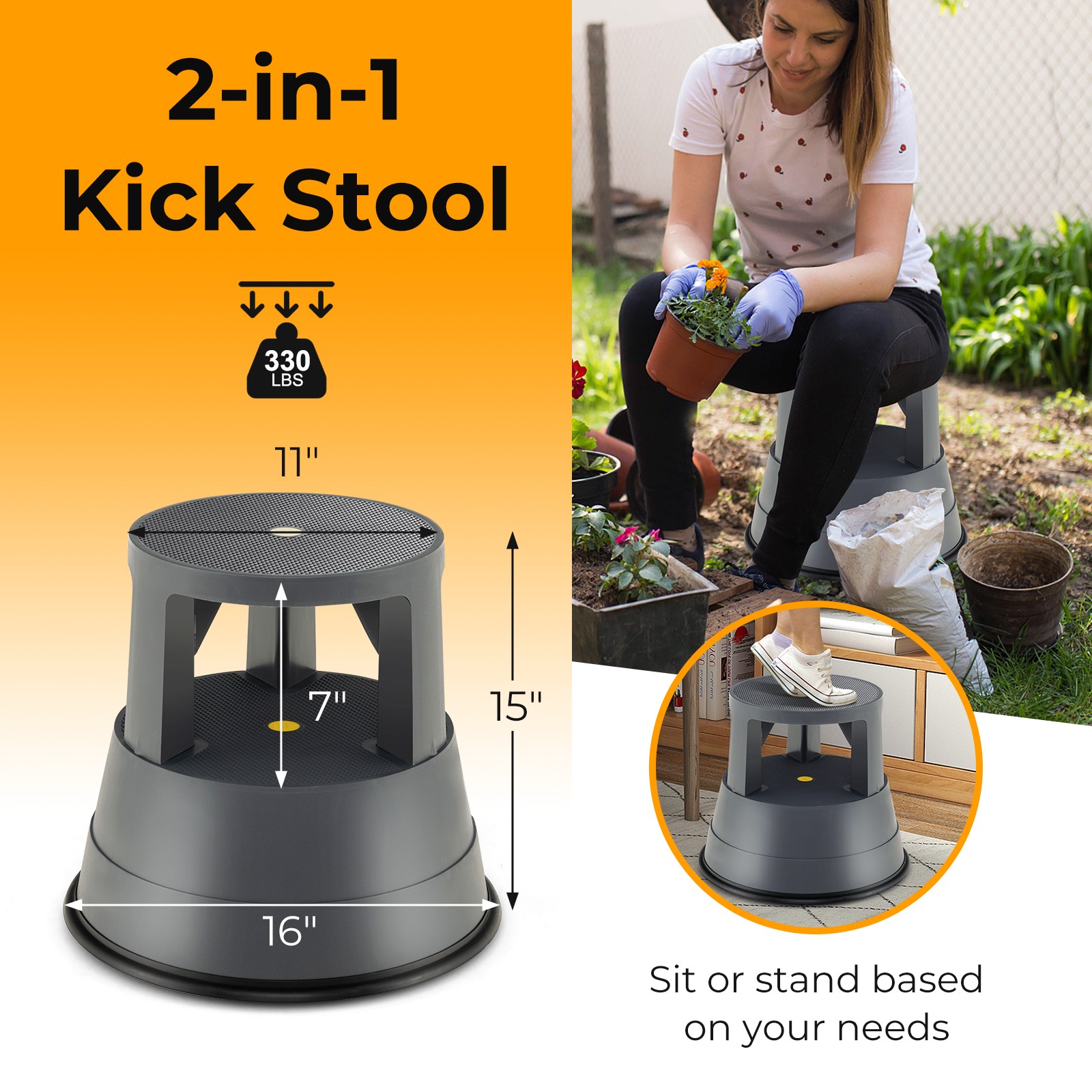 Kick Stool Rolling Step Stool W/ Non-Slip Rubber Platform 330LBS Capacity gallery
