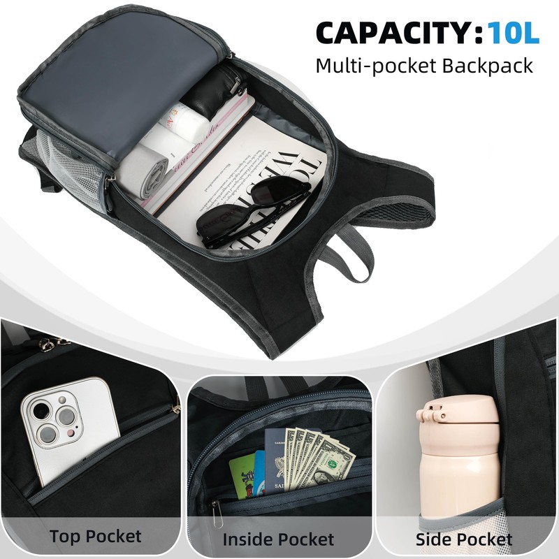 Small Travel Backpack 10L Lightweight Foldable Packable Camping Black 3