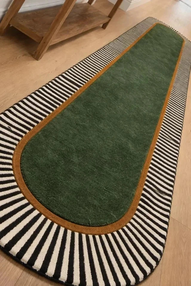 Hand-Tufted Modern Runner Carpet with Green Center & Striped Border gallery