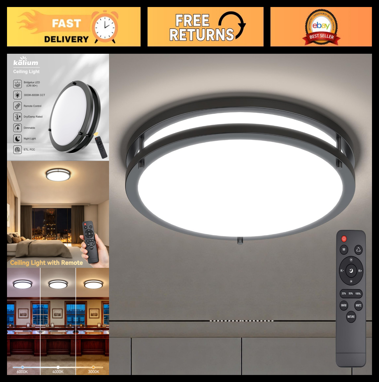 13" LED Ceiling Light Fixture with Remote, Dimmable, 24W, Adjustable 3000K-6000K gallery