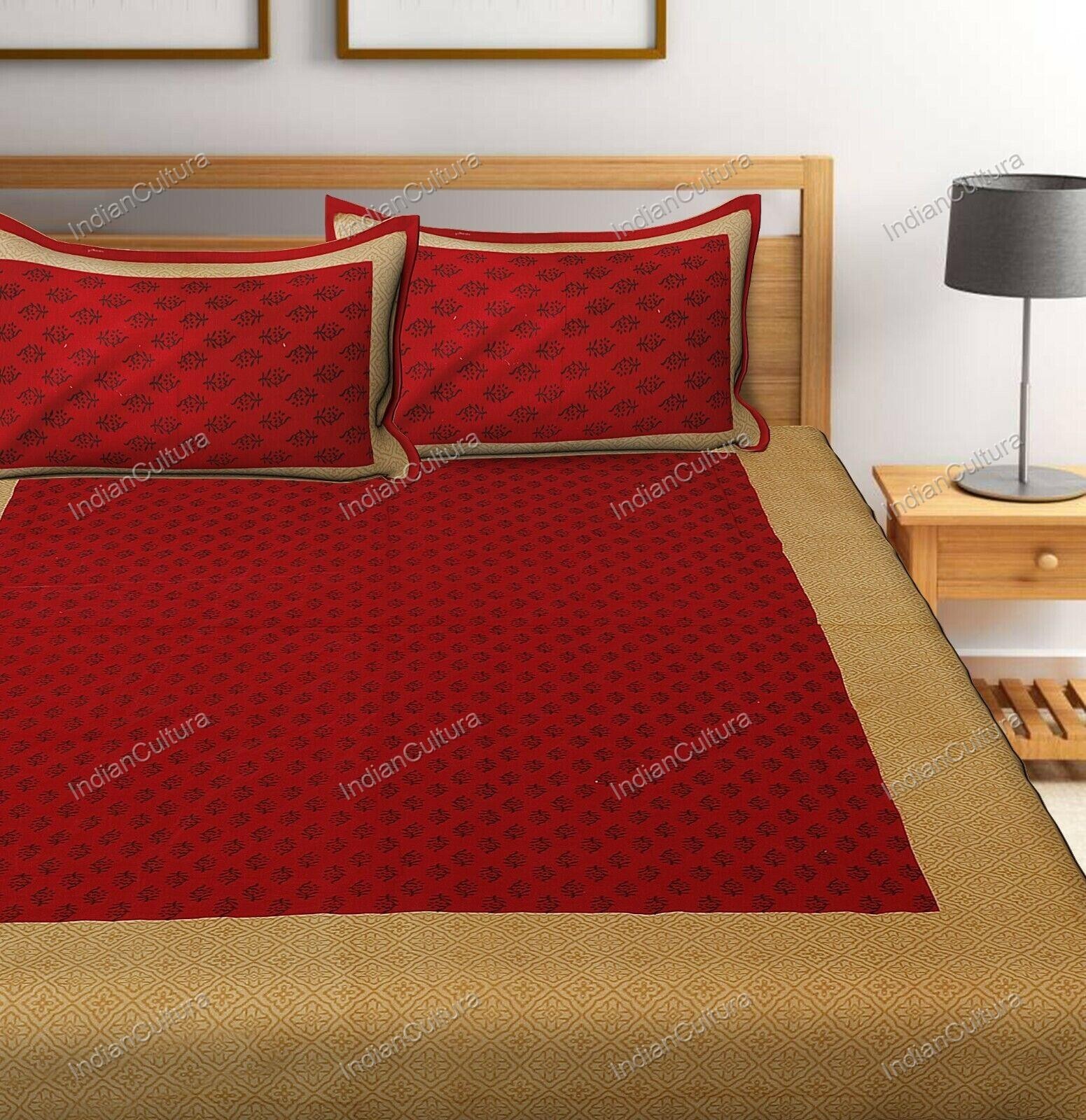 Double Bed Sheet With 2 Pillow Cover Screen Printed 4 Kaam Red Gad Buti Pure Cot gallery
